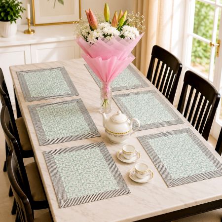 Teal Green Geometric Handmade Canvas Cotton Table Mat Set